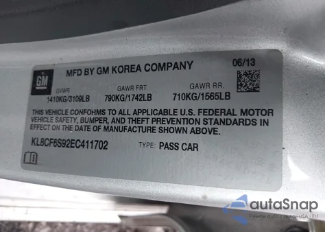 2014 Chevrolet Spark 2Lt Auto from USA, damaged, VIN KL8CF6S92EC411702